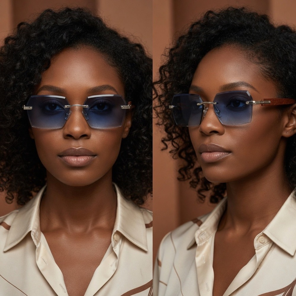 Rimless Sunglasses Women Designer Luxury Gold Frame Blue Lens Fashion Shades New